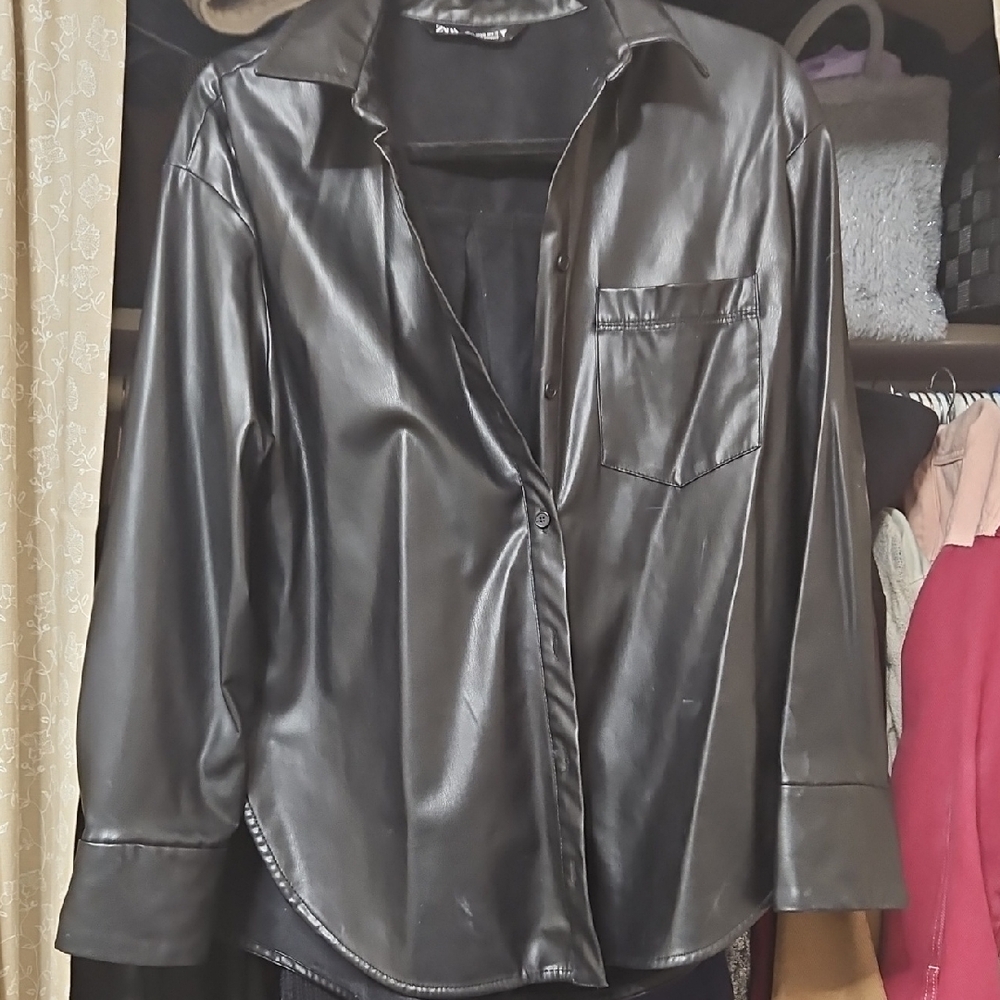 Black Faux Leather Button-Up Shirt